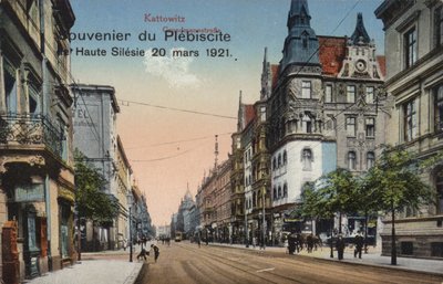 Street in Katowice, Poland, souvenir postcard commemorating the plebiscite in Upper Silesia held on 20 March 1921 to determine part of the border between Poland and Germany by Photographer German