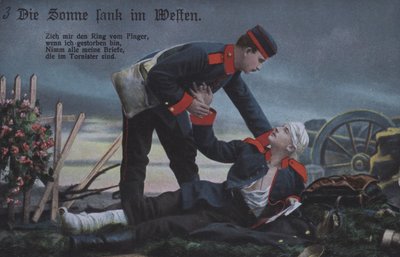 The Sun set in the west: a German soldier comforting his dying comrade on the battlefield by Photographer German