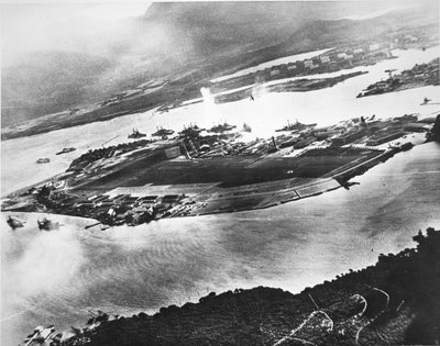 Aerial View of Ford Island and Battleship Row, Pearl Harbor, 7th December 1941 by Photographer Japanese