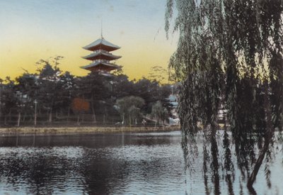 Japan, c.1912: Pagoda at Nara from Sarusawa Pond by Photographer Japanese