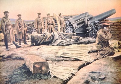 Japanese siege gun in action against the German fortress of Tsingtao on the China coast by Photographer Japanese