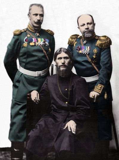 Grigory Rasputin with Captain von Lohman, and Prince Colonel Putyatin by Photographer Russian