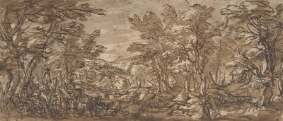 Forest Scene, a Halt at the Left, a Hunt at the Center by Pier Francesco Mola