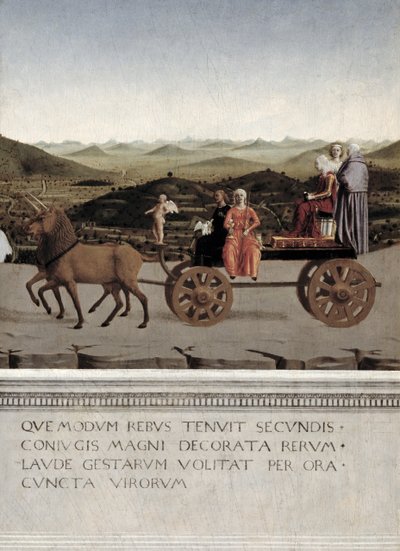 Triumph of Battista Sforza, Duchess of Urbino. Battista and her handmaiden, two Theological Virtues and a nun are drawn in a triumphal car by two brown unicorns, after 1472 (detail) by Piero della Francesca