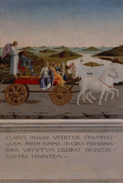 Triumph of Federigo da Montefeltro, Duke of Urbino; Federigo and the four Cardinal Virtues in a triumphal car drawn by white unicorns, winged Victory holding the ducal coronet, painted after 1474 by Piero della Francesca