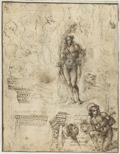 Study Sheet with Heads, Figures and Architectural Fragments by Piero di Cosimo (attributed to)
