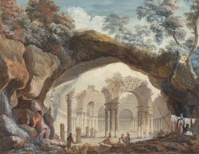 Architectural Fantasy: Ruins of a Circular Temple Seen through a Natural Arch by Pierre-Adrien Paris