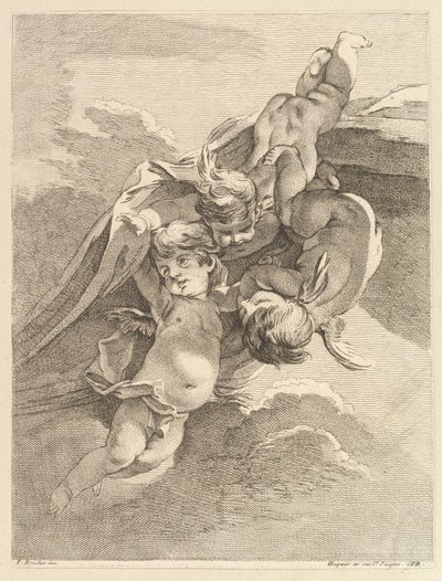 Three Loves Holding a Drapery, from Premier Livre de Grotesques by Pierre Alexandre Aveline