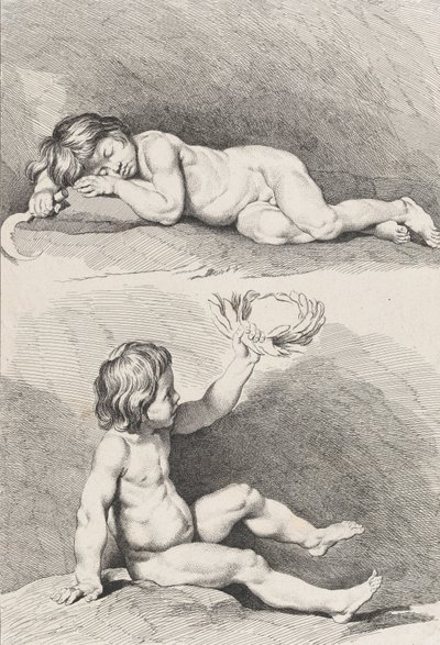 Two nude children, one sleeping and the other holding a wreath, from New Book of Children, 1720-60 by Pierre Alexandre Aveline