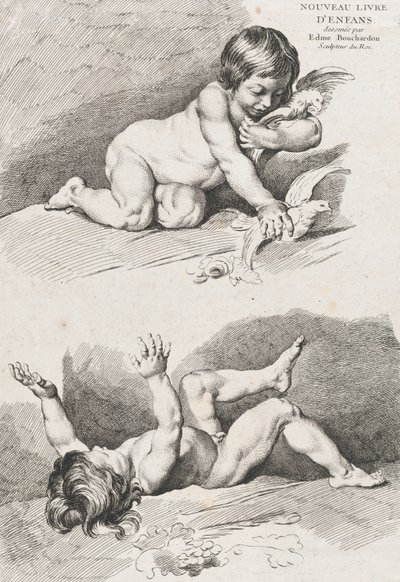 Two nude children playing with a leaf, from New Book of Children by Pierre Alexandre Aveline