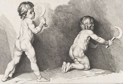 Two nude children standing, from New Book of Children by Pierre Alexandre Aveline