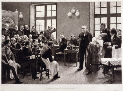 A clinical lecture by Dr. Charcot at the Salpetriere in 1887. Students from the department of Professor Jean Martin Charcot who explains the case of Blanche Wittman, his patient and guinea pig for her research on hysteria by Pierre Andre (after) Brouillet