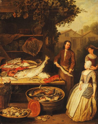 A Fishmonger displaying a Pike to a Maid by Pierre Angelis or Angillis