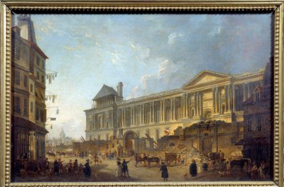 View of the colonnade of the Louvre. Street scene with construction site in front of the Palais du Louvre by Pierre Antoine Demachy