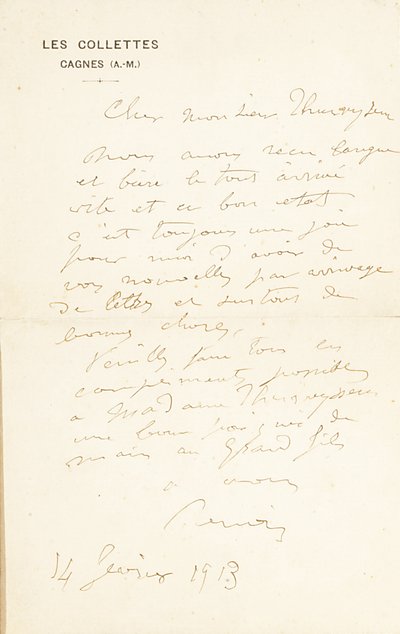 Autograph Letter Signed to Dr. Fritz Thurneyssen, Paris and Les Collettes, 24th June 1908 by Pierre Auguste Renoir