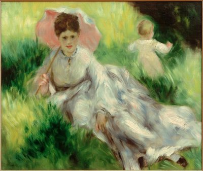 Woman with Parasol and Child on Sunny Slope by Pierre Auguste Renoir