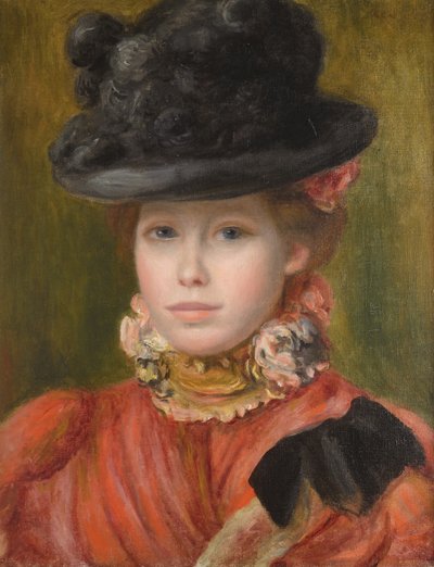 Girl in Black Hat with Red Flowers by Pierre Auguste Renoir