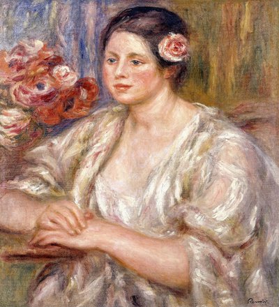 Madeleine in a White Blouse and Bouquet of Flowers by Pierre Auguste Renoir