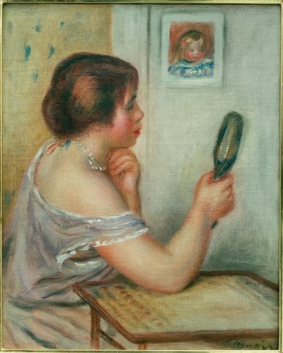 Marie Dupuis Holding a Mirror with a Portrait of Coco by Pierre Auguste Renoir