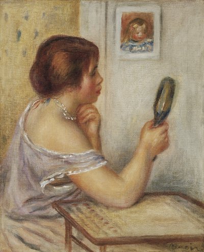 Marie Dupuis holding a mirror with a portrait of Coco by Pierre Auguste Renoir