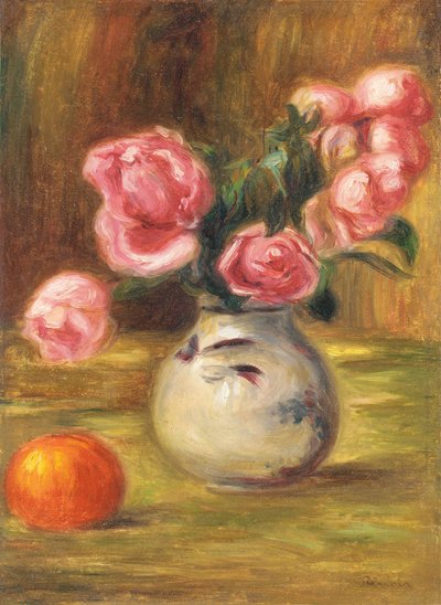 Vase of Roses and an Orange by Pierre Auguste Renoir