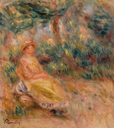 Woman in Pink and Yellow in a Landscape by Pierre Auguste Renoir