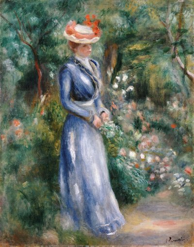 Woman in a Blue Dress Standing in the Garden at Saint-Cloud by Pierre Auguste Renoir