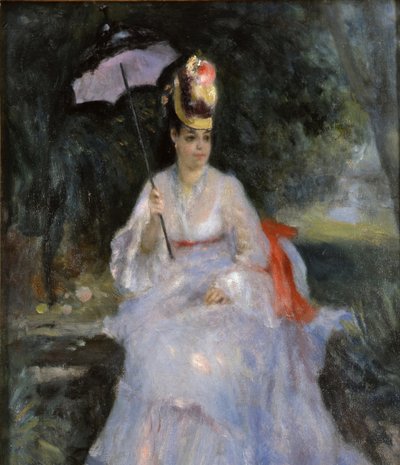 Woman with a parasol sitting in a garden by Pierre Auguste Renoir
