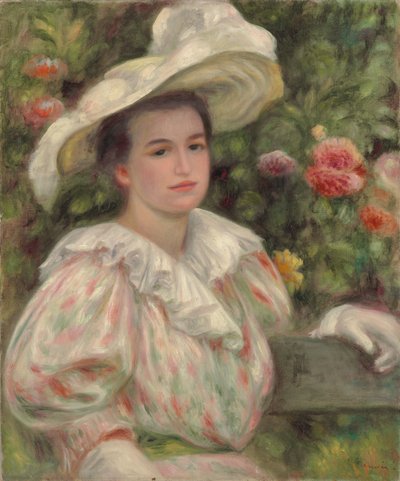 Young Girl Amongst Flowers or Woman with White Hat by Pierre Auguste Renoir