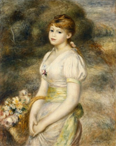 Young Girl Carrying a Basket of Flowers by Pierre Auguste Renoir