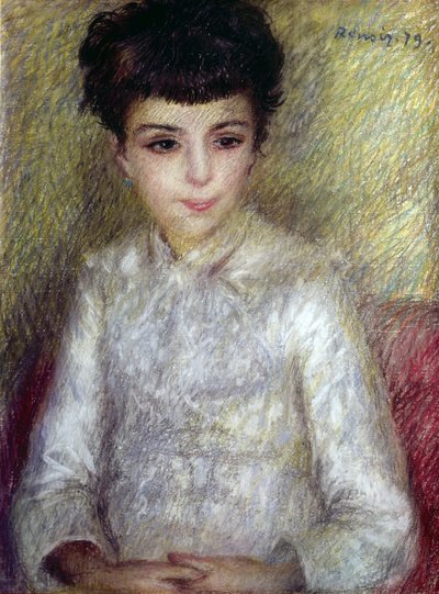 Young Brunette Girl Sitting with Hands Crossed by Pierre Auguste Renoir