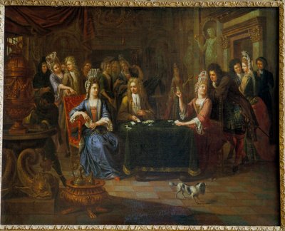 Nobles card players playing cards in a living room by Pierre Bergaigne