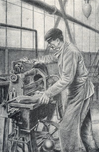 Cutting of rifle butts in a weapon factory Engraving from Pierre Calmette Private Collection by Pierre Calmettes