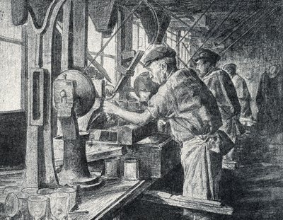 Cutting workshop at the crystal glass manufacture in Sevres near Paris Engraving from 