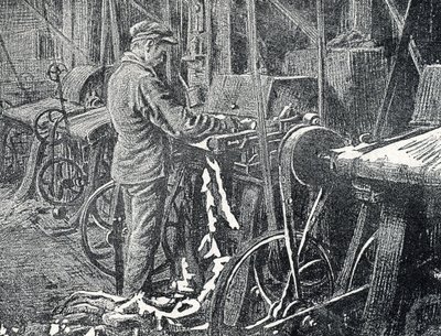 Leather industry: mechanical mowing of furs Engraving from “Excursion a travers les metiers” by Pierre Calmette Private Collection by Pierre Calmettes