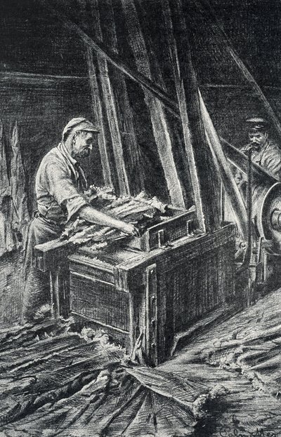 Leatherwork, the softening of the animal skins in a fuller. Engraving from Pierre Calmette Collection by Pierre Calmettes