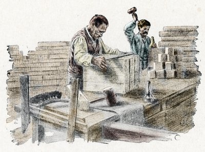 Savonnerie: the cutting of soap bars (manufacture of bars of soap) Engraving from 