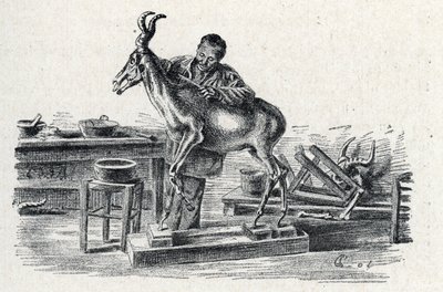 Taxidermy: A taxidermist stuffed hartebeest in his workshop Engraving from “Excursion a travers les metiers” by Pierre Calmette Collection privee by Pierre Calmettes