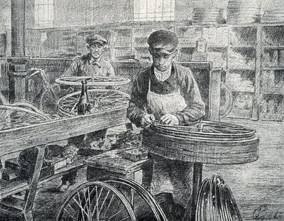 Workers fastening the spokes to the rims of a bicycle during its manufacture. Engraving from Pierre Calmette by Pierre Calmettes