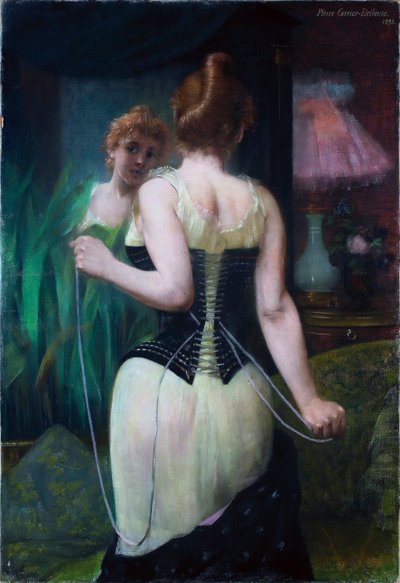 Young Woman Adjusting Her Corset by Pierre Carrier Belleuse