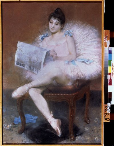 Sitting ballet dancer. Ballerina in tutu reading 
