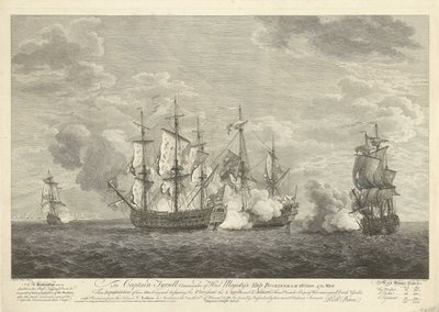 Attack of an English Ship on Three French Ships near Sint Eustatius, 1758 by Pierre Charles Canot