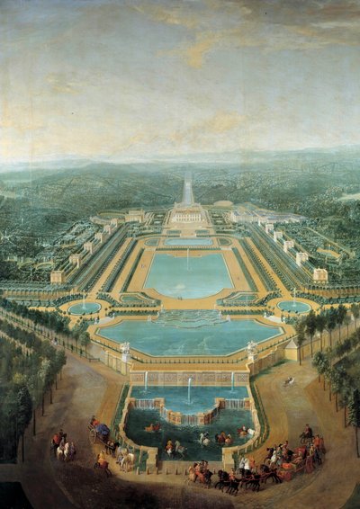 Perspective view of the castle of Marly, King Louis XV (1710-1774) child in carriage passes in front of the watering trough by Pierre Denis Martin