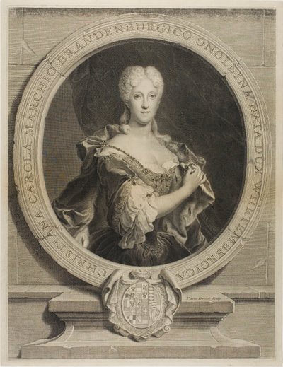 Portrait of Christine-Caroline, the Margrave of Brandenbourg-Onoltzbach, wife of Guillaume-Frédéric of Wurtemburg, 1694-1723 by Pierre Drevet