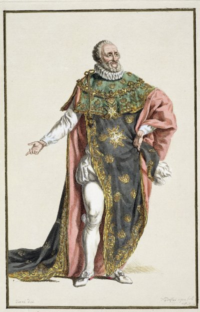 Henri IV King of France, from Receuil des Estampes, Representant les Rangs et les Dignites, suivant le Costume de toutes les Nations existantes, Published 1780 by Pierre Duflos