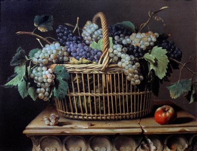 Still life of a bunch of grapes in a basket by Pierre Dupuis