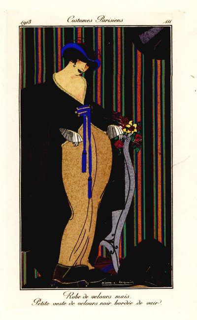 Woman in dress of corn-yellow velvet with black waistcoat by Pierre E. Legrain