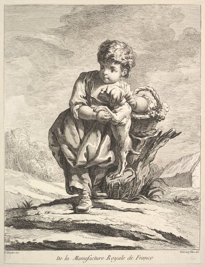 Child with a dog, holding a basket of grapes, from Premier Livre de Figures by Pierre Etienne Falconet
