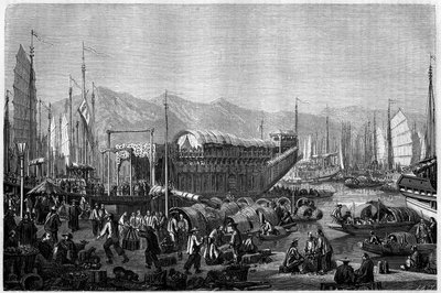 Boat des Fleurs, a restaurant and place of fun in the port of Shanghai in 1860, China. Engraving by Grandsire, in Le Tour du Monde, Nouveau journal des Voyages, edited by Edouard Charton, Paris by Pierre Eugene Grandsire