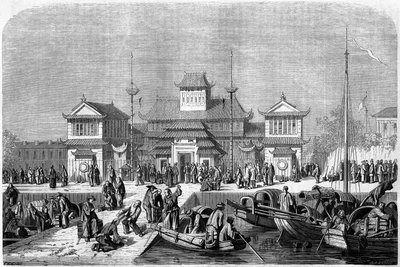 Customs view in the port of Shanghai in 1860, China. Engraving by Grandsire, in 